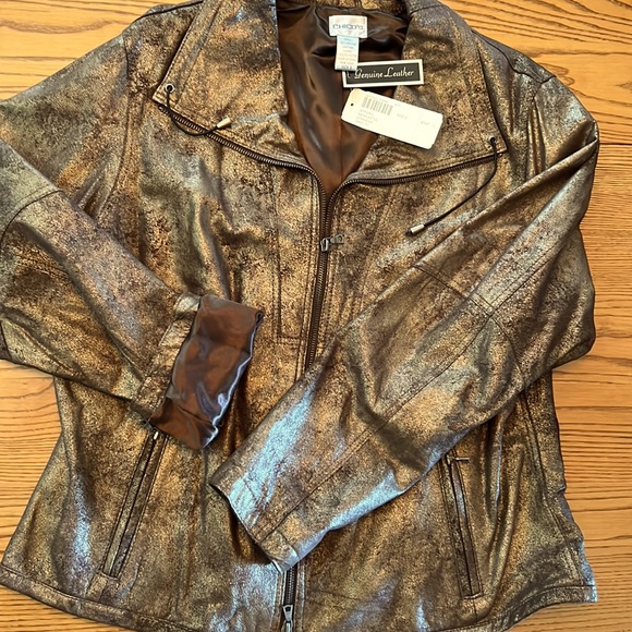 Leather Bomber Jacket, NWT, slightly metallic with worn look, Chico’s sz3, large - Picture 9 of 13